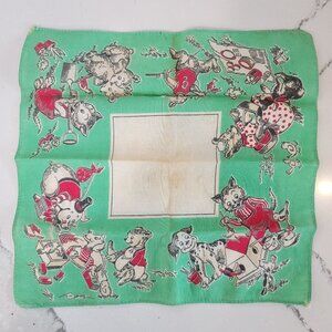 Vintage 1950s Children's Handkerchief With Playful Animal Characters Green White